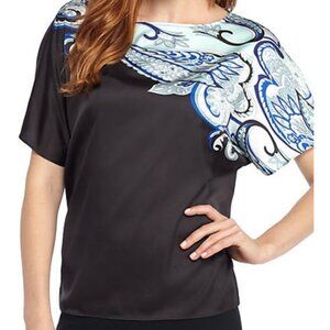 Black Satin Paisley Asymmetrical Flutter Sleeve Dressy Top NWT XL Short-Sleeve